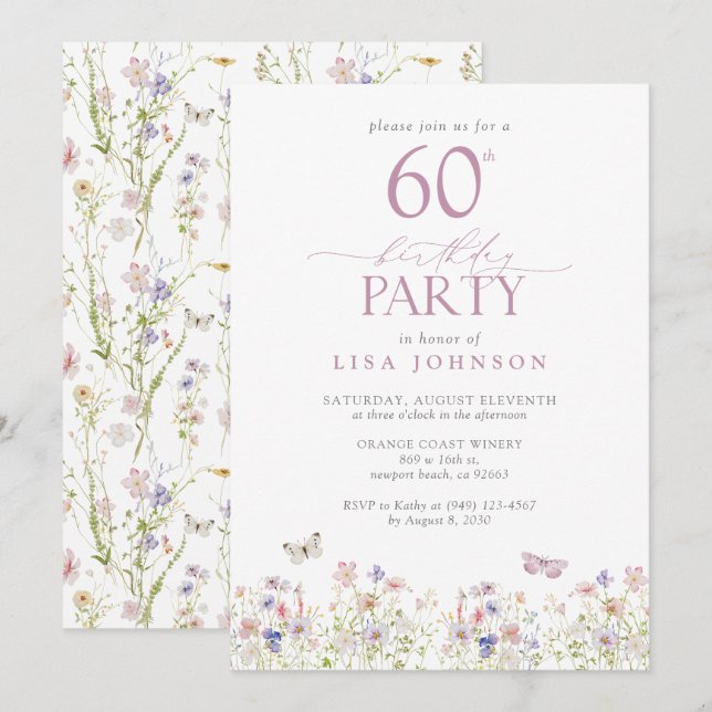 Wildflower Blush Pink 60th Birthday Party Elegant Invitation (Front/Back)