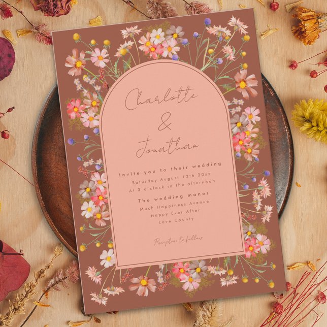 Wildflower Boho Arch Burnt Orange Fall Wedding Invitation (Wildflower arch burnt Orange terracotta boho fall wedding invitation with whimsical script )