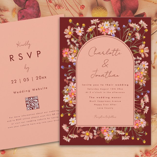 Wildflower Boho Arch Terracotta Peach Fall Wedding Invitation (Wildflower boho arch terracotta burnt orange fall wedding invitation with whimsical script )