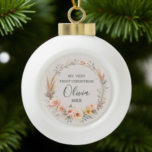 Wildflower Boho Baby First Christmas Personalise Ceramic Ball Christmas Ornament