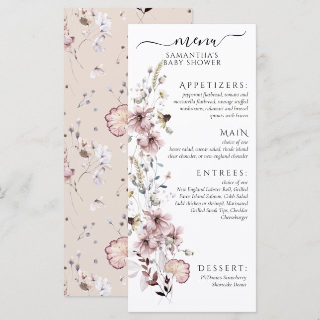 Wildflower Boho Baby Girl Shower Menu (Front/Back)