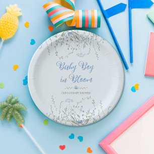 Wildflower Boho Baby Shower Boy Blue Paper Plate