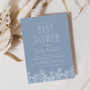 Wildflower Boho Baby Shower Dusty Blue Elegant Invitation