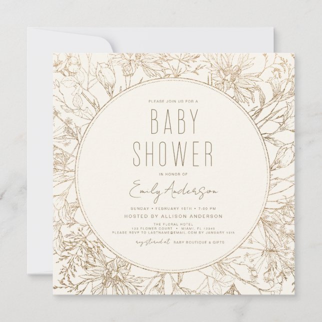 Wildflower Boho Baby Shower Gold Modern Invitation (Front)