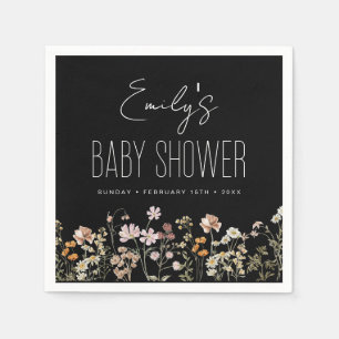 Wildflower Boho Baby Shower In Bloom Black Napkin
