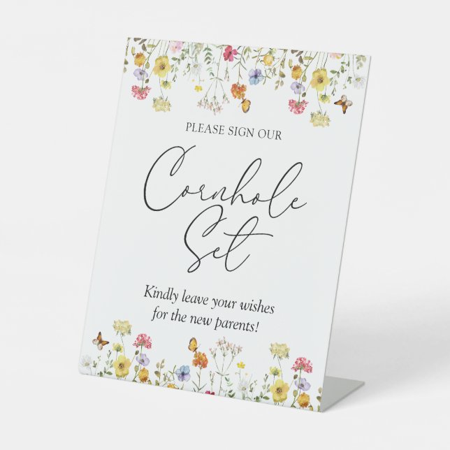 Wildflower Boho Baby Shower Pedestal Cornhole Sign (Front)