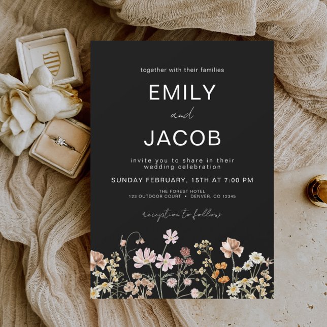 Wildflower  Boho Black Botanical Wedding Invitation (Creator Uploaded)