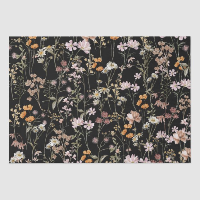 Wildflower Boho Bloom Garden Black Tissue Paper (Front)