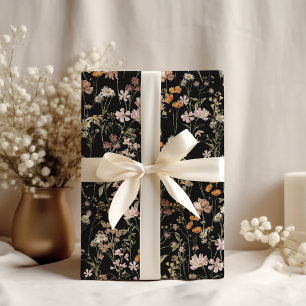 Wildflower Boho Bloom Garden Black Wrapping Paper