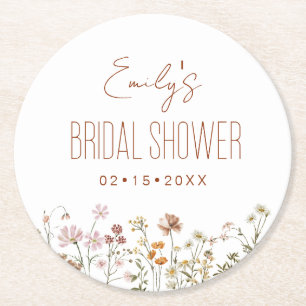 Wildflower Boho Bridal Shower In Bloom Garden Round Paper Coaster