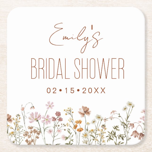 Wildflower Boho Bridal Shower In Bloom Garden Square Paper Coaster (Front)