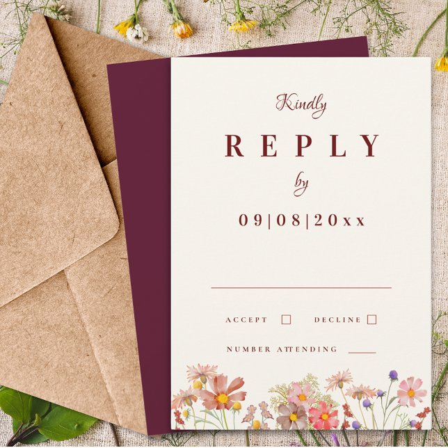 Wildflower Boho Burgundy Fall Wedding Reply RSVP Card (Elegant wildflower burgundy fall wedding invitation RSVP enclosure card)