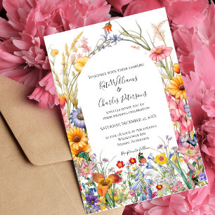 Wildflower boho chic floral wreath wedding invite 