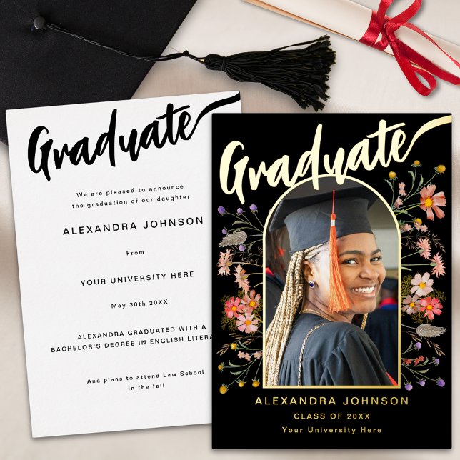 Wildflower Boho Chic Graduate Photo Script Gold (Boho floral graduate photo arch elegant gold foil script black graduation announcement card)