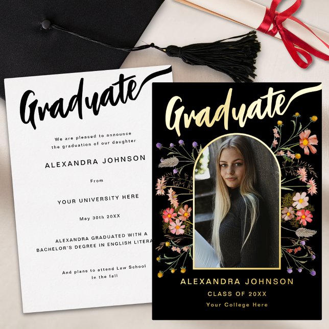 Wildflower Boho Chic Graduate Photo Script Gold (Boho floral arch graduate photo stylish gold foil calligraphy  black graduation announcement card)