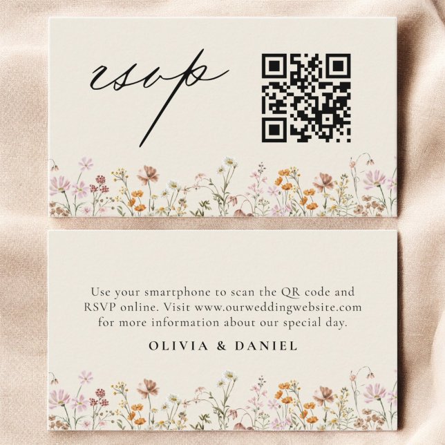 Wildflower Boho Cream RSVP QR Code Wedding Enclosure Card (Creator Uploaded)