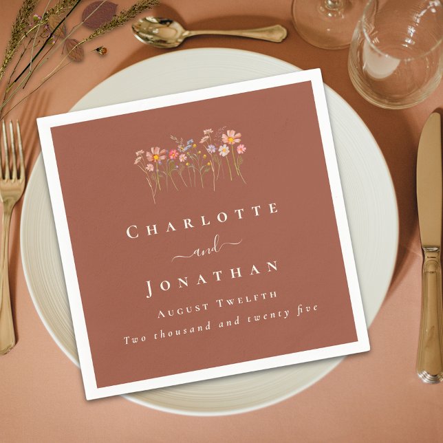 Wildflower Boho Fall Floral Custom Wedding Napkin (Elegant modern Wildflower boho fall floral terracotta Wedding custom napkin)