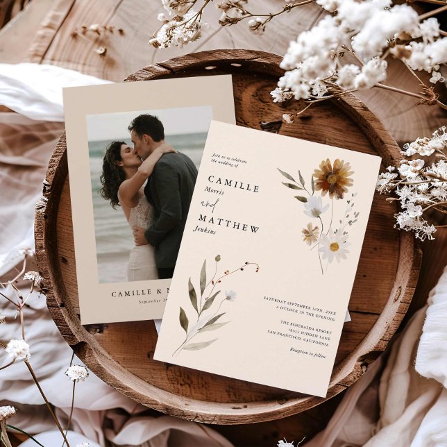 Wildflower Boho Fall Photo Wedding Invitation (Autumn Floral Wedding Invitation with photo)