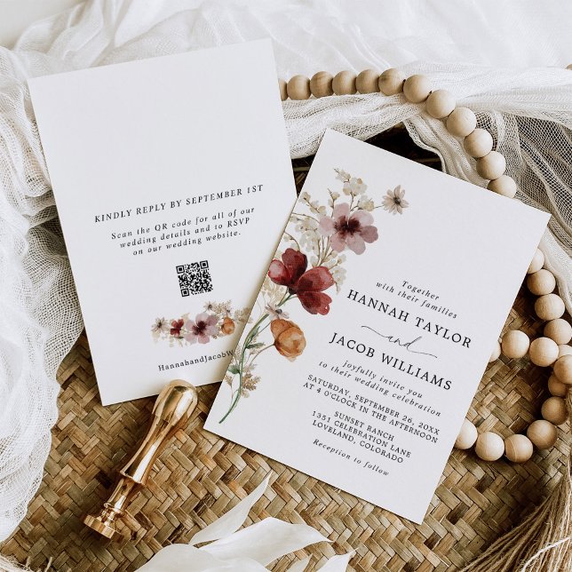 Wildflower Boho Fall QR Code RSVP Wedding Invitation (Creator Uploaded)