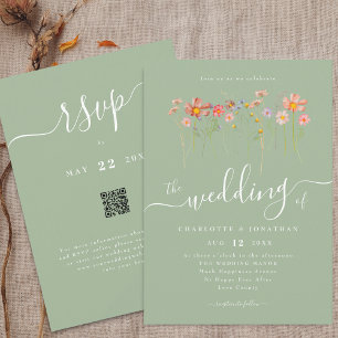 Wildflower Boho Fall Sage Green QR code Wedding Invitation