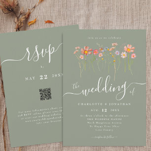 Wildflower Boho Fall Sage Green QR code Wedding Invitation