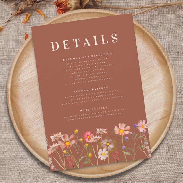 Wildflower Boho Fall Terracotta Wedding Details Enclosure Card (Wildflower boho fall floral terracotta rust beige Wedding details card Autumn garden meadow)