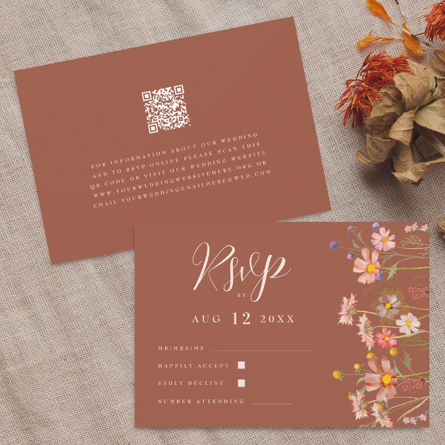 Wildflower Boho Fall Terracotta Wedding Qr Code  RSVP Card (Wildflower boho fall floral terracotta rust beige Wedding reception dinner options qr code RSVP card)