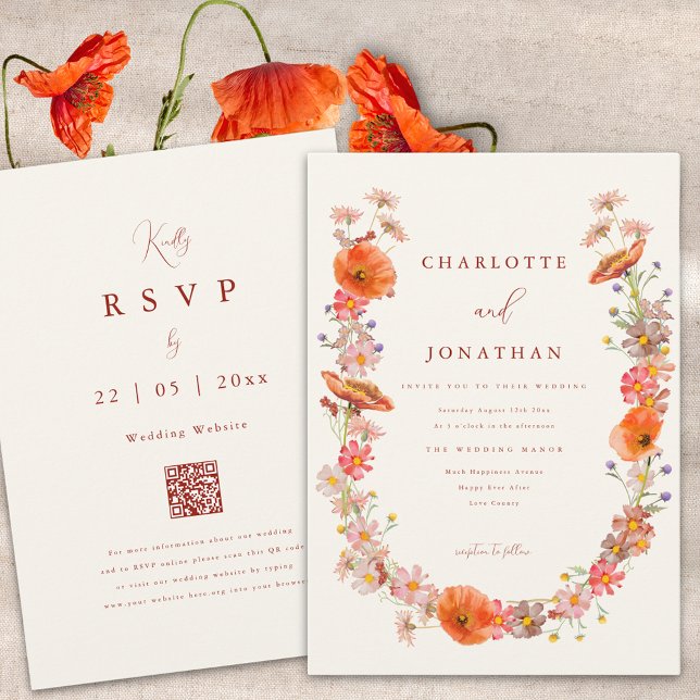 Wildflower Boho Fall Wedding Invitation (Boho wildflower fall wedding invitation burnt orange script and website qr code)