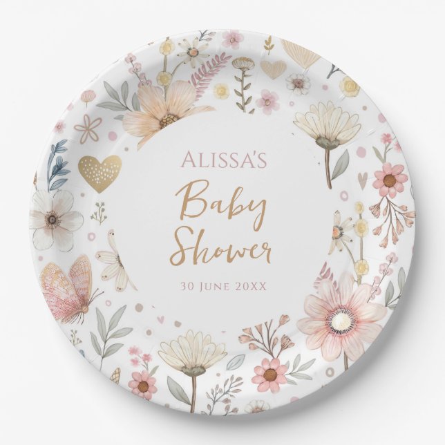 Wildflower Boho Floral  Baby Shower Paper Plate (Front)