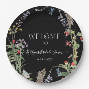 Wildflower Boho Floral Black Welcome Bridal Shower Paper Plate