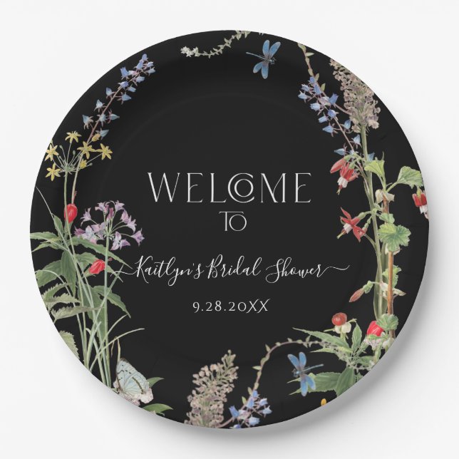 Wildflower Boho Floral Black Welcome Bridal Shower Paper Plate (Front)