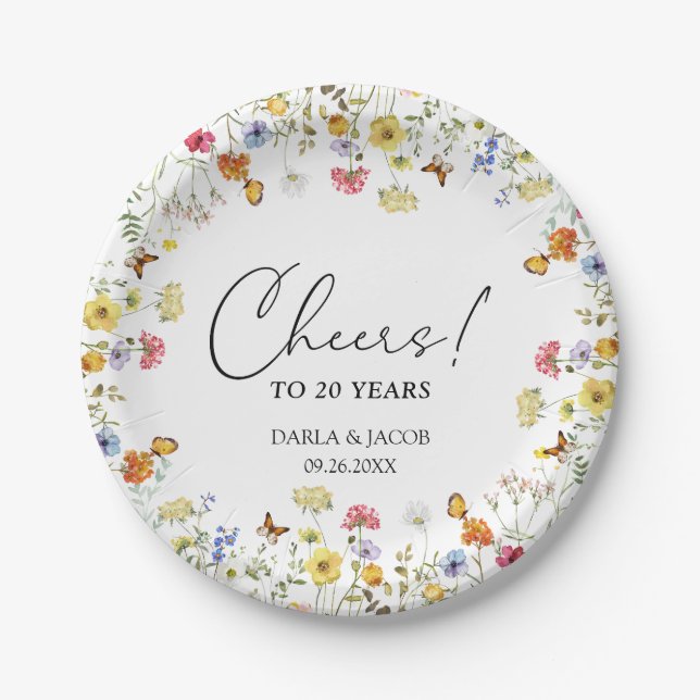 Wildflower Boho Floral Cheers Wedding Anniversary Paper Plate (Front)