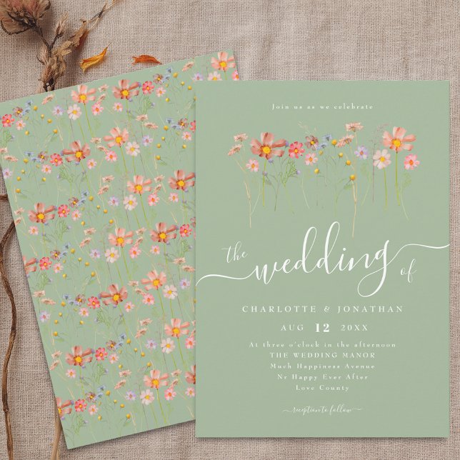 Wildflower Boho Floral Fall Sage Green Invitation (Wildflower floral sage green Wedding invitation Watercolor meadow flowers elegant modern script)
