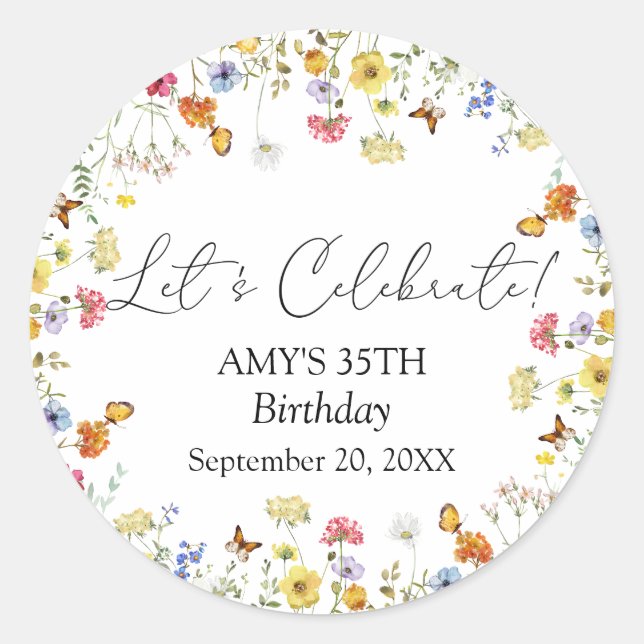 Wildflower Boho Floral Let's Celebrate Birthday Classic Round Sticker (Front)