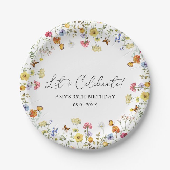 Wildflower Boho Floral Let's Celebrate Birthday Paper Plate (Front)