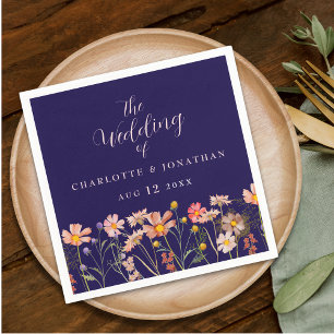 Wildflower Boho Floral Navy Blue Blush Wedding Napkin