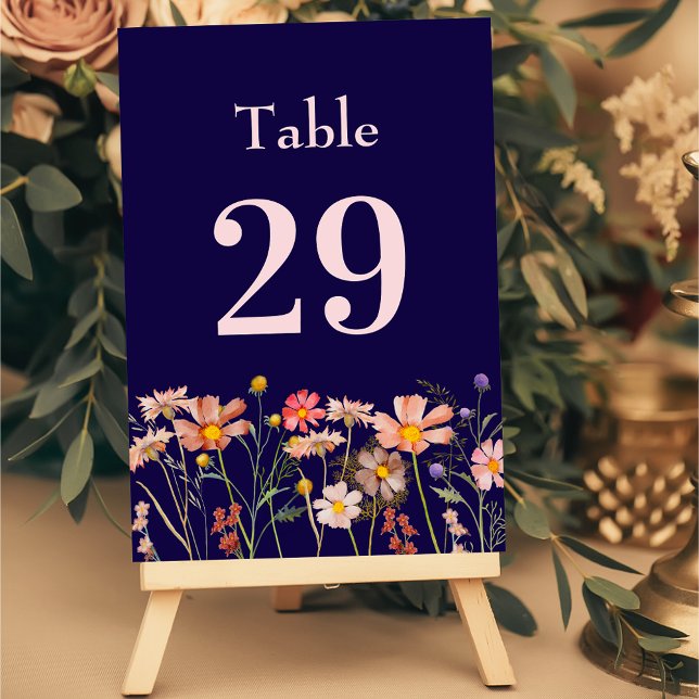 Wildflower Boho Floral Navy Blue Blush Wedding Table Number (Wildflower boho fall floral navy blue blush pink Wedding table number Garden meadow flowers )