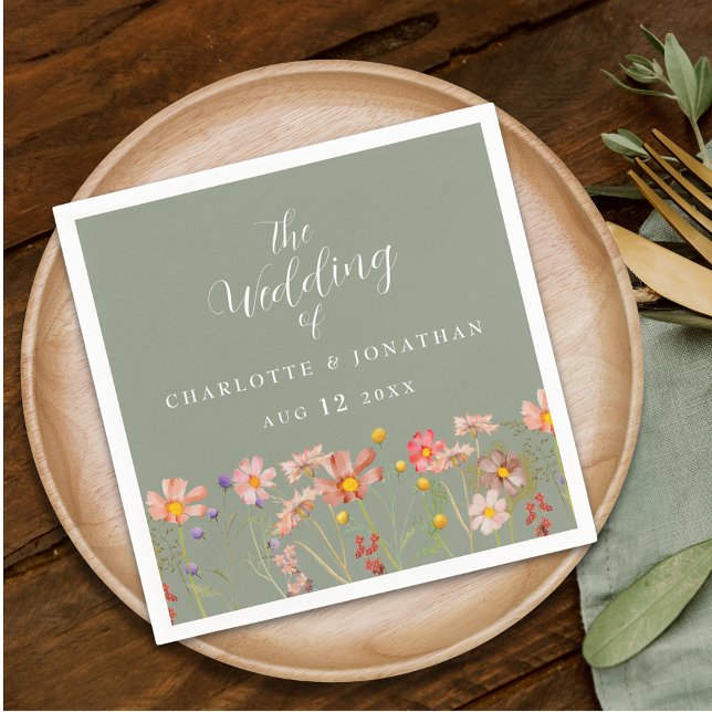 Wildflower Boho Floral Sage Green Wedding Napkin (Personalized Wildflower boho floral sage green & white Wedding napkins watercolor meadow flowers)