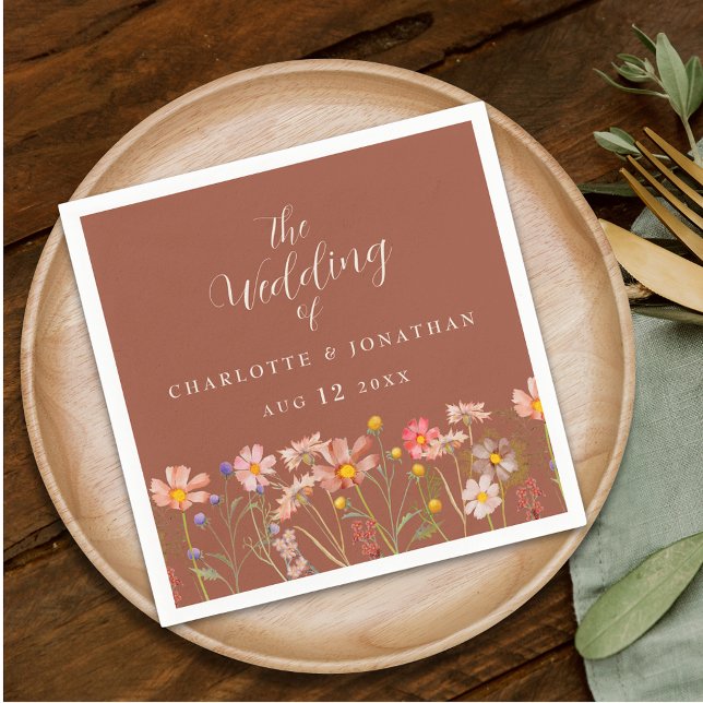 Wildflower Boho Floral Terracotta Beige Wedding Napkin (Personalized Wildflower boho floral terracotta beige Wedding napkins)