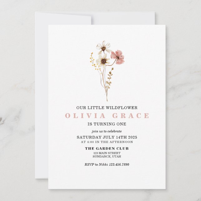 Wildflower Boho garden floral first birthday Invit Invitation (Front)