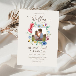 Wildflower boho garden floral photo beige wedding invitation