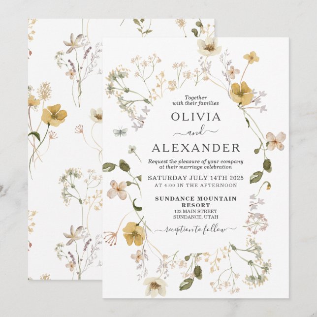 Wildflower boho garden floral wedding Invitation (Front/Back)