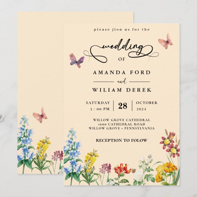 Wildflower Boho Garden Wedding Invitation (Front/Back)