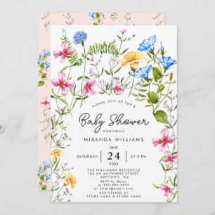 Wildflower Boho Girl Baby Shower Watercolor Invitation