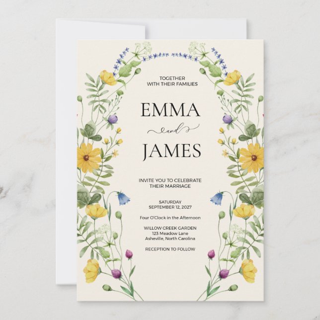 Wildflower Boho Minimalist Modern Meadow Wedding Invitation (Front)