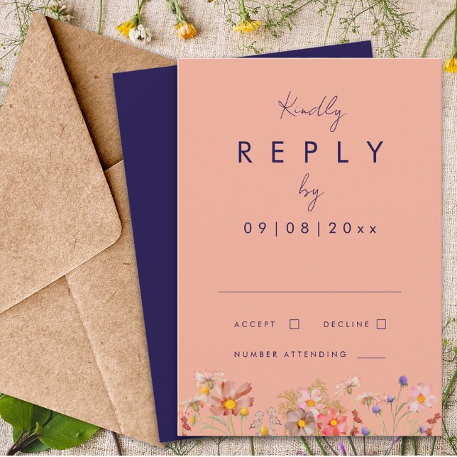 Wildflower Boho Navy Peach Fall Wedding Reply RSVP Card (Wildflower boho navy blue peach terracotta fall wedding invitation reply enclosure card)