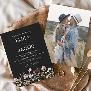 Wildflower Boho Photo Black Botanical Wedding Invitation