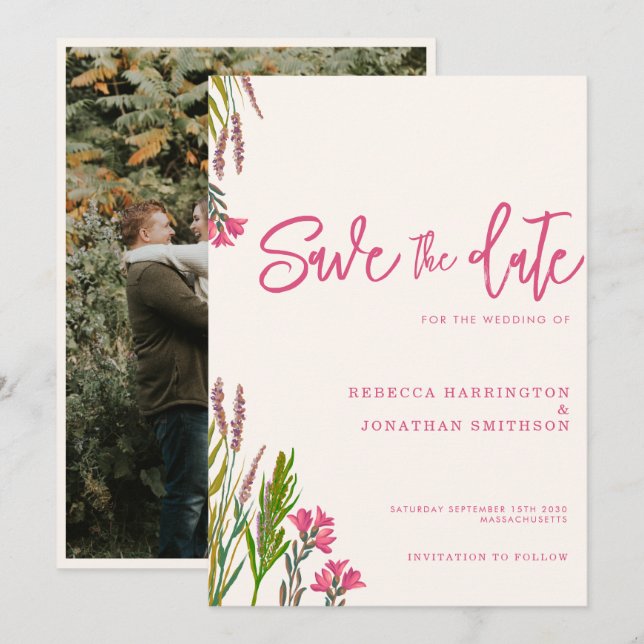 Wildflower Boho Pink Photo Wedding Save The Date Invitation (Front/Back)