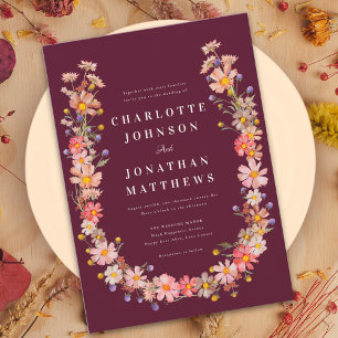 Wildflower Boho Romantic Burgundy Fall Wedding Invitation