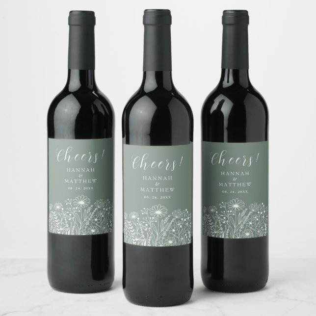 Wildflower Boho Sage Green Wedding Wine Label (Bottles)